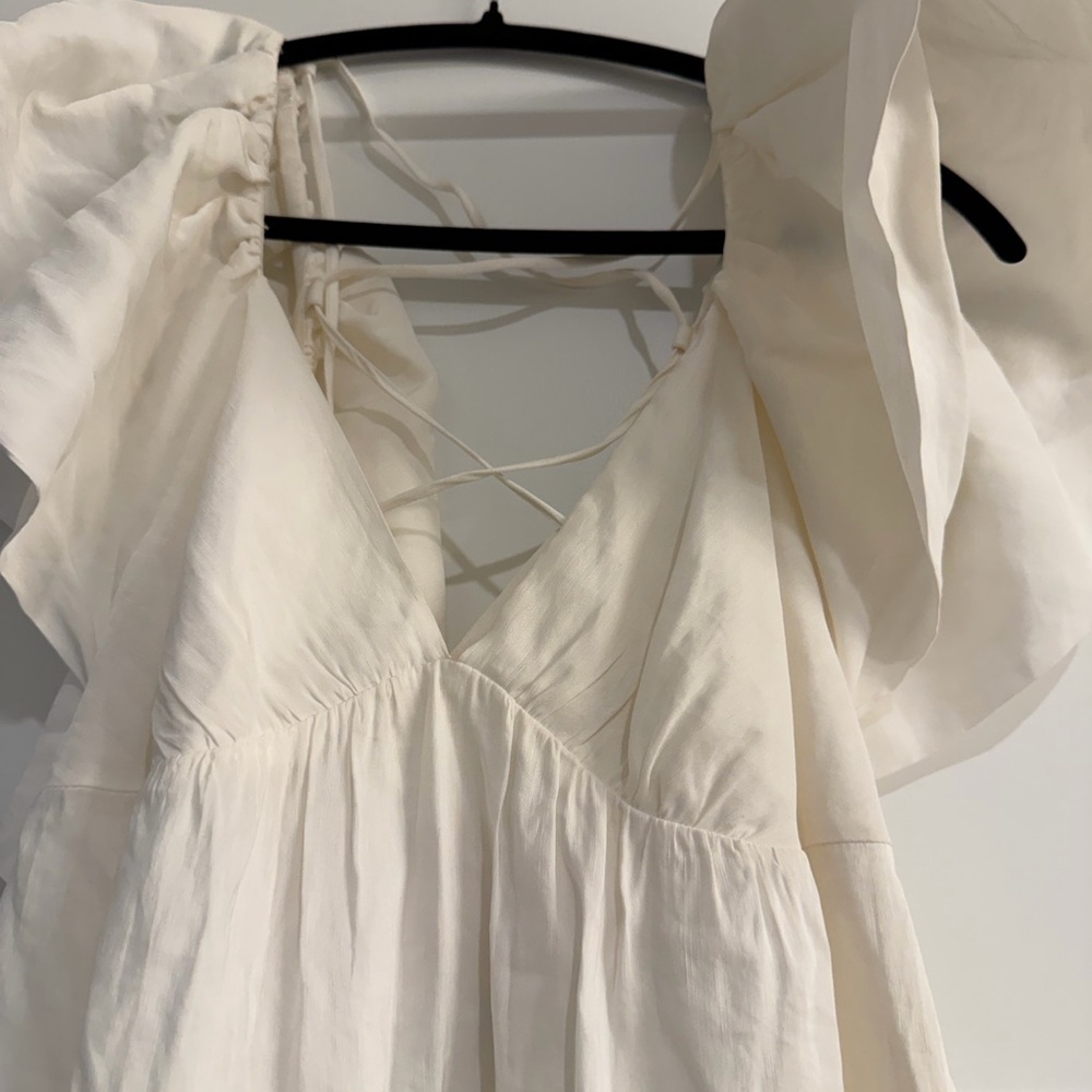 New La Ligne Stella Ruffle Shoulder Open back Linen Blend Midi Dress - Picture 2 of 14